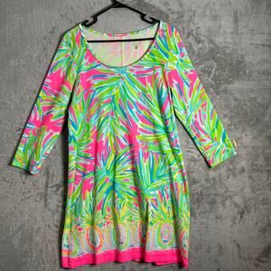 Lilly Pulitzer Beacon Dress Tiki Pink Palm Leaves Pineapple Print Pima Cotton LG